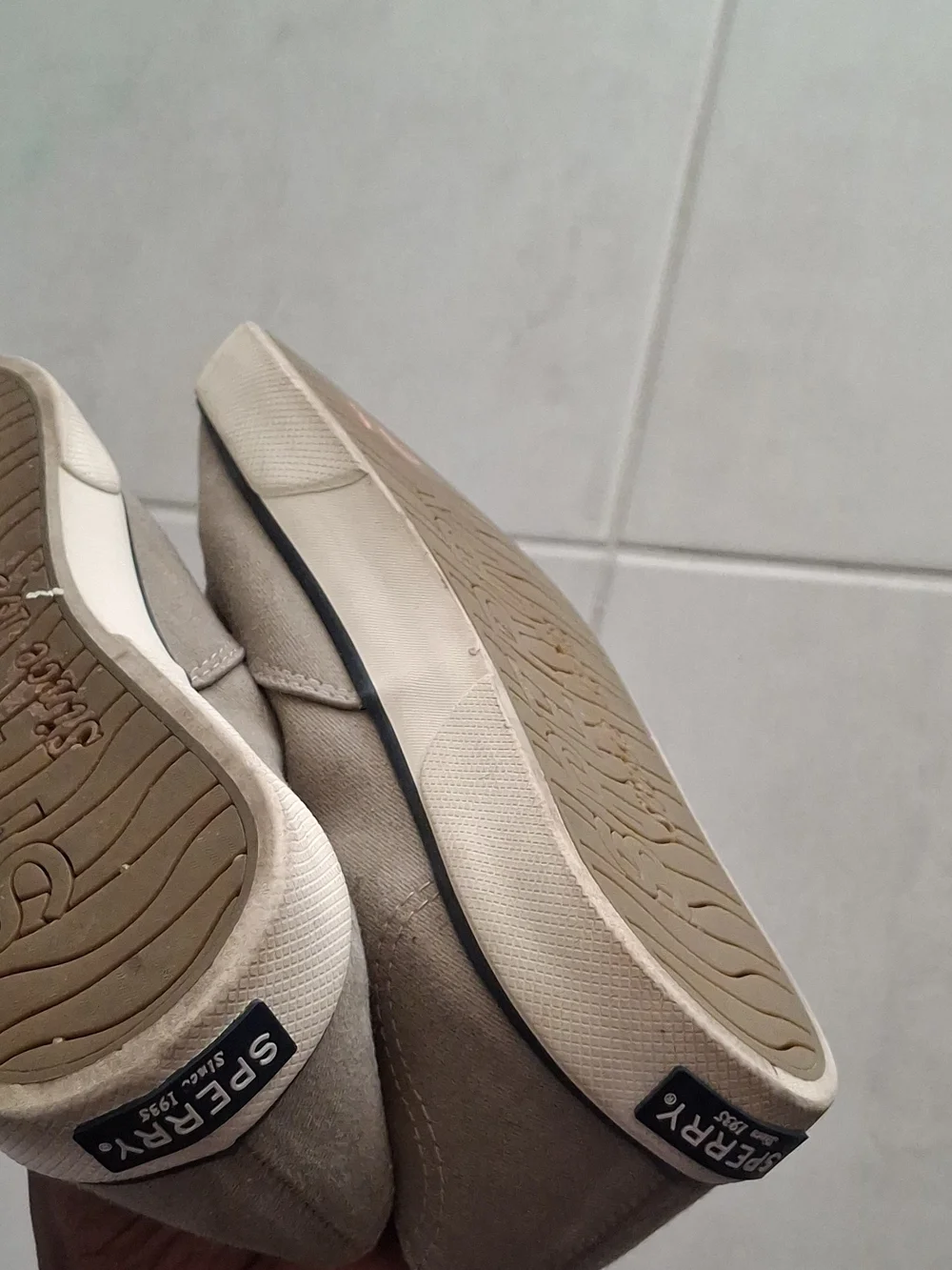 Sperry Men’s Taupe Canvas Boat Shoes with Brown Laces